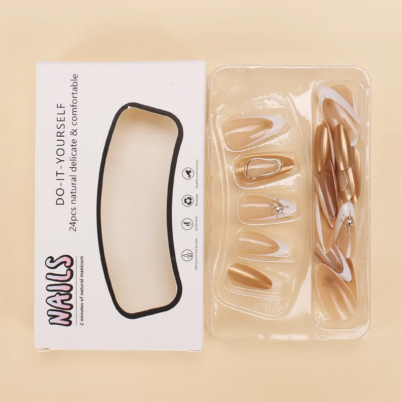 24 Uds. De uñas postizas con borde dorado francés, prensa de almendra usable, decoración de perlas simples, uñas postizas