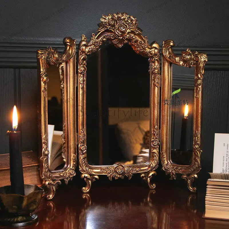 XX. French retro three-sided folding American desktop vanity mirror