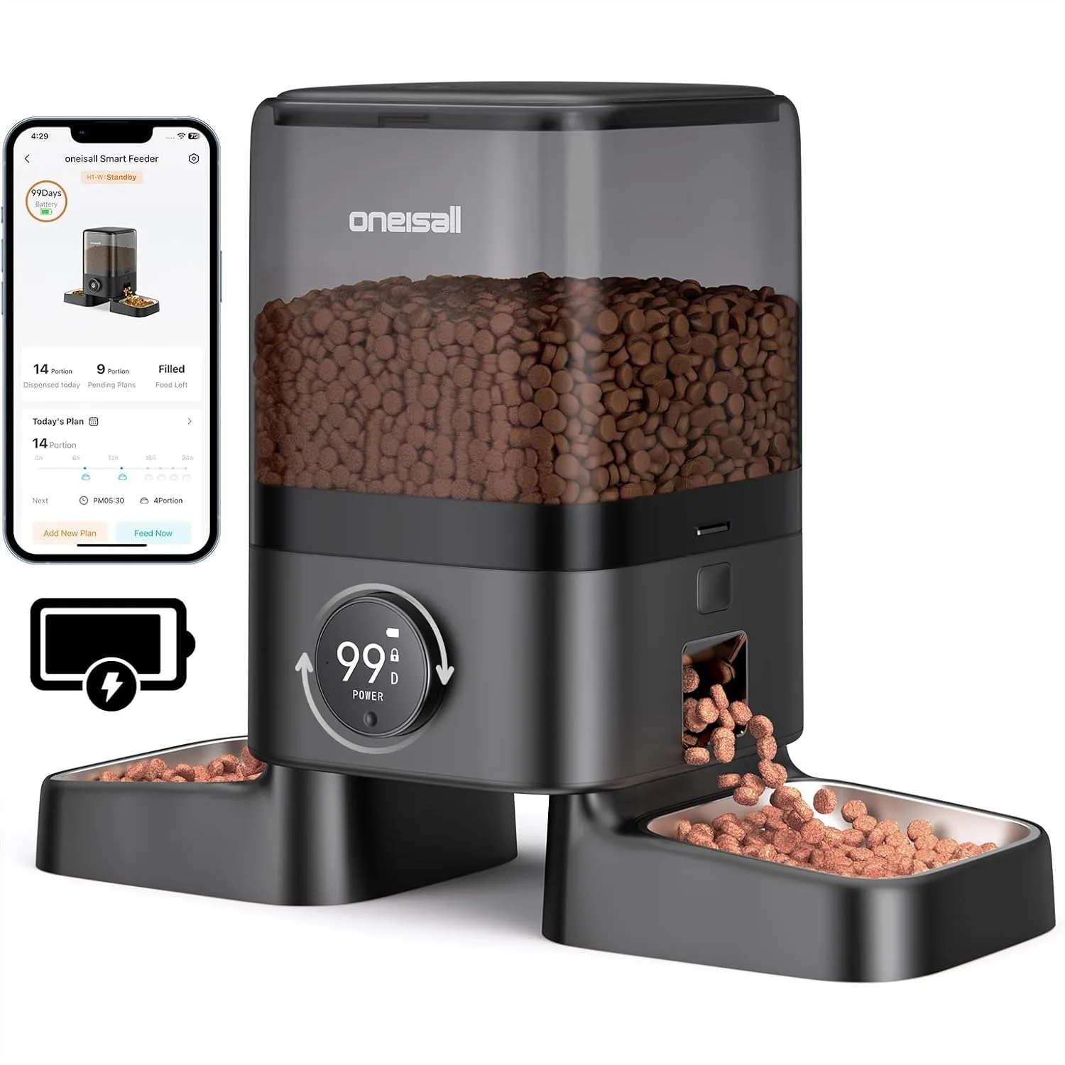 

Cordless WiFi Automatic Cat Feeder for 2 Cats, Rechargeable 100-Day Battery, 5L Timed Dispenser, Smart App Control