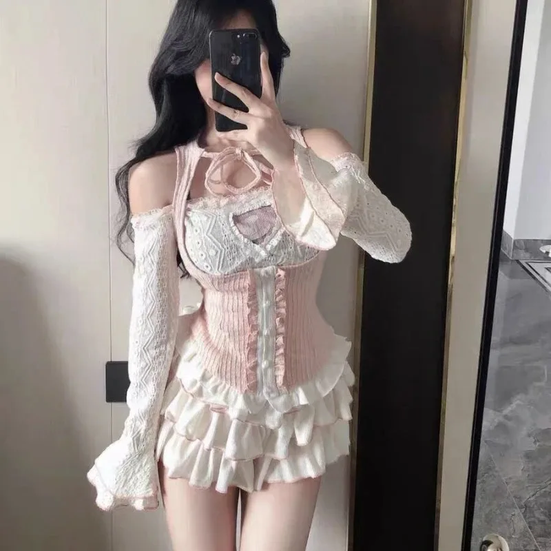 شيك النمط الياباني Kawaii الملابس 3 قطعة التنانير مجموعة النساء Bodycon سليم حتى ملابس الحفلات الخريف لوليتا الدعاوى Y2k المحاصيل القمم