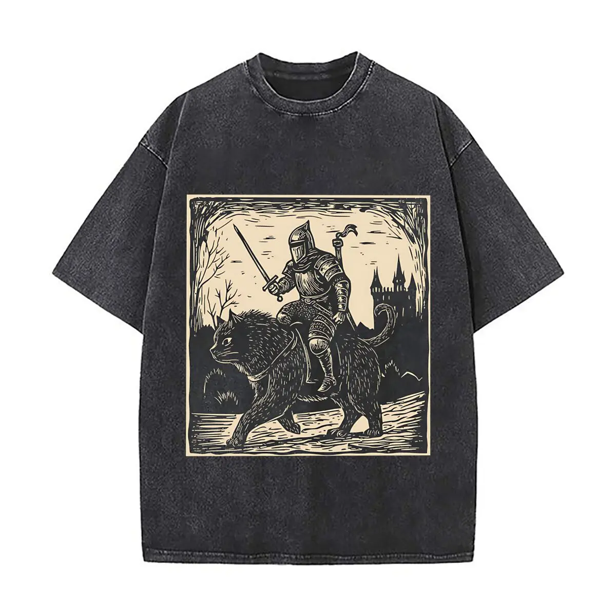 Black Vintage Knight Beast Graphic  Men's Casual Street Style Stretch Round Neck Tee Shirt for Holidays Streetwear Daily Outings