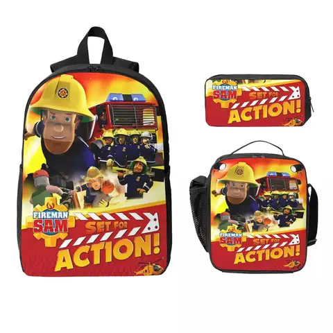 3Pcs Fireman Sam Backpack Set for Children Pen Bags Bookbag Sets with Lunch Box For School Students Knapsack