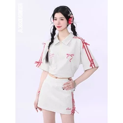 Velvet Bow Embroidered Short Skirt Set Women Korea Summer Loose Polo Collar T Shirt+skirts 2pcs Sets Casual Sweet Sport Suit New