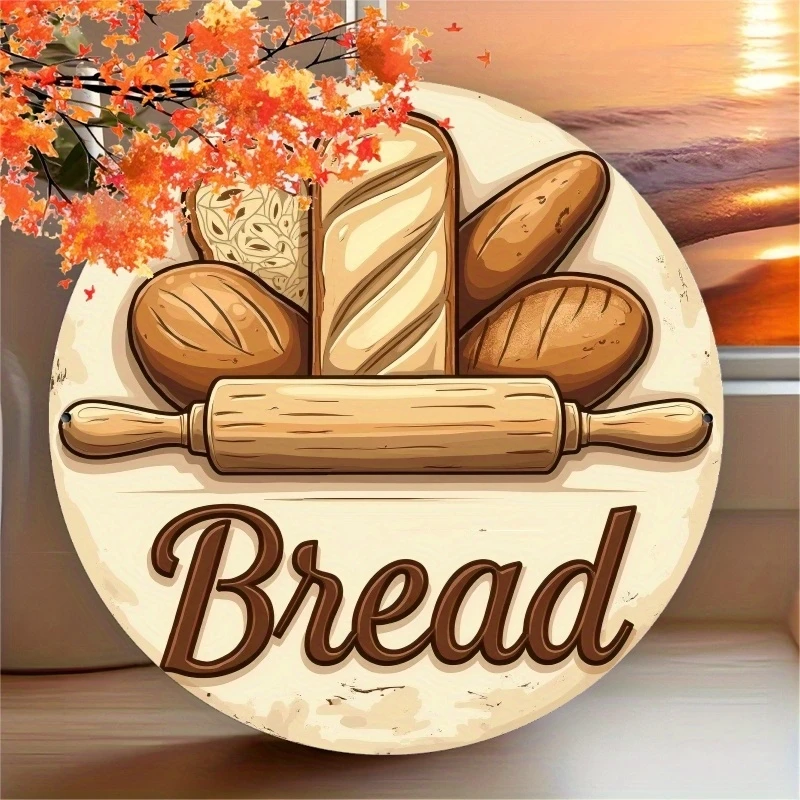 8in 2D Wooden Bread Design round Plate Wall Baking Holder Restaurant Bakery Kitchen Wall Hanging Decorative Kitchen Accessory