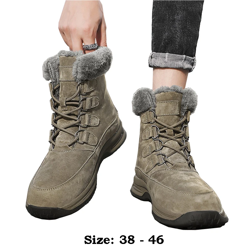 

High quality ankle length leather snow boots for men waterproof non slip 2024 hiking outdoor mountain 45 46 shoe khaki grey