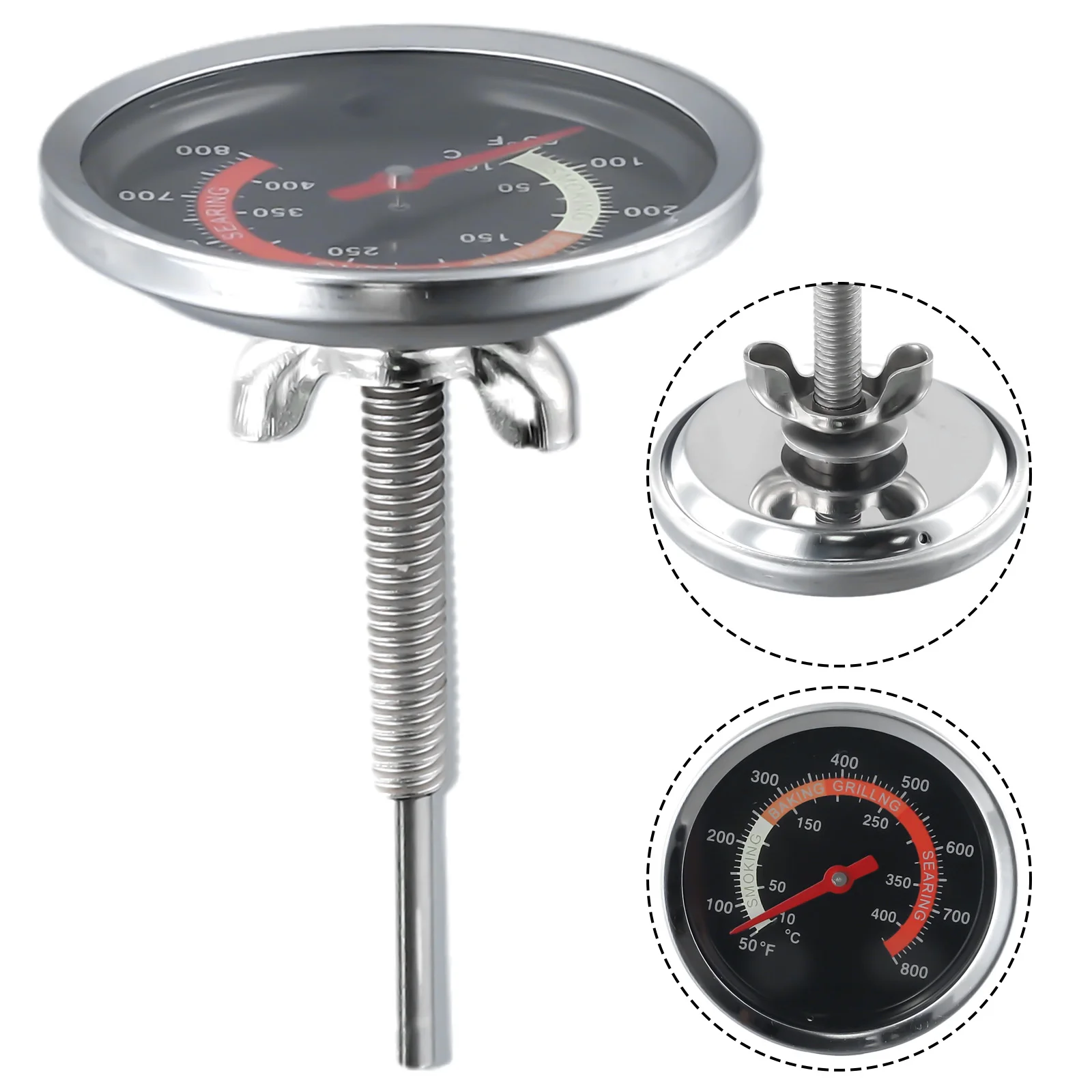 BBQ Thermometer Stainless Steel Oven Temp Gauge 10-400℃ Grill Temperature Meter with Dual Scale Fahrenheit Centigrade M10 Thread
