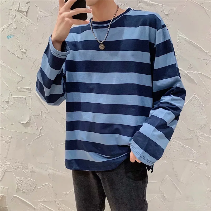 Spring Autumn Korean Striped Long Sleeve T-shirts For Men Casual Loose Fit Base Layer Top Youth Trendy Ins Style Wholesale