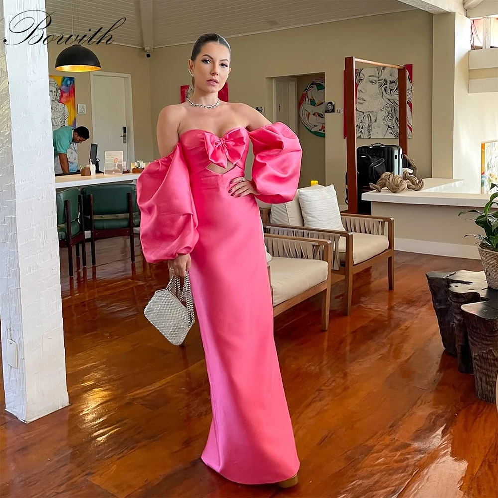 

Bowith Pink Satin Elegant Evening Dresses Customized Straight Strapless Bow Puff Sleeves Women Formal Occasion Dress for Banquet