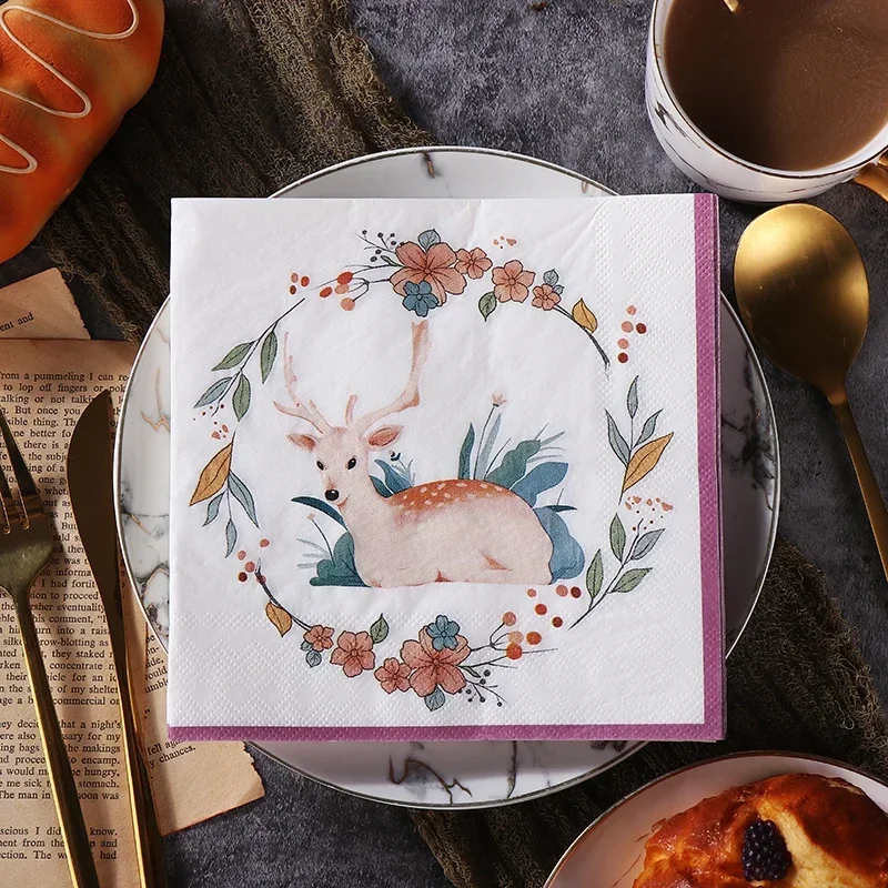 20pcs/Pac New Colorful Plum Deer Printed Paper Napkins Forest Party Pure Wood Pulp Paper Food Grade Wine Glass Folding Paper