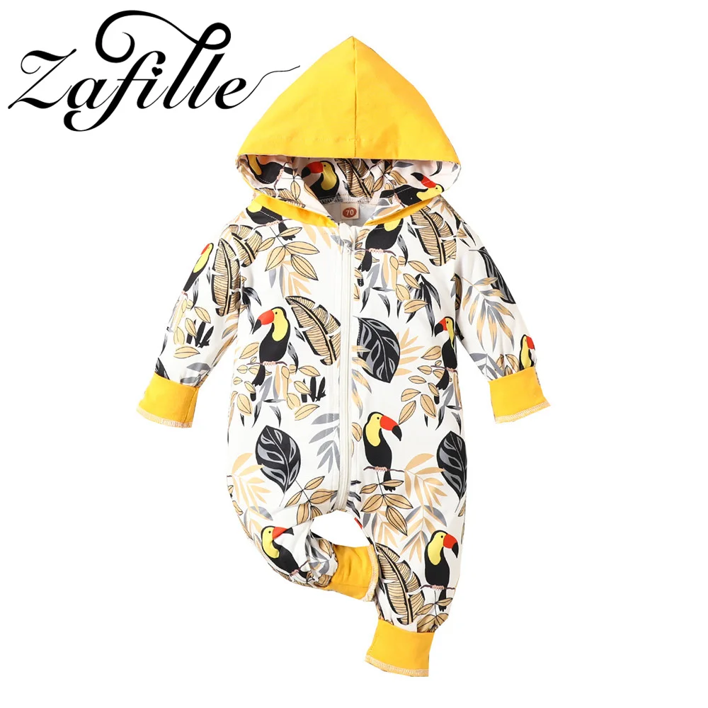 

ZAFILLE 2022 Hot Sale Baby Hooded Clothes Leaves Birds Printed Toddler Boys Rompers Zipper Kids Newborn Playsuit Girls Outerwear