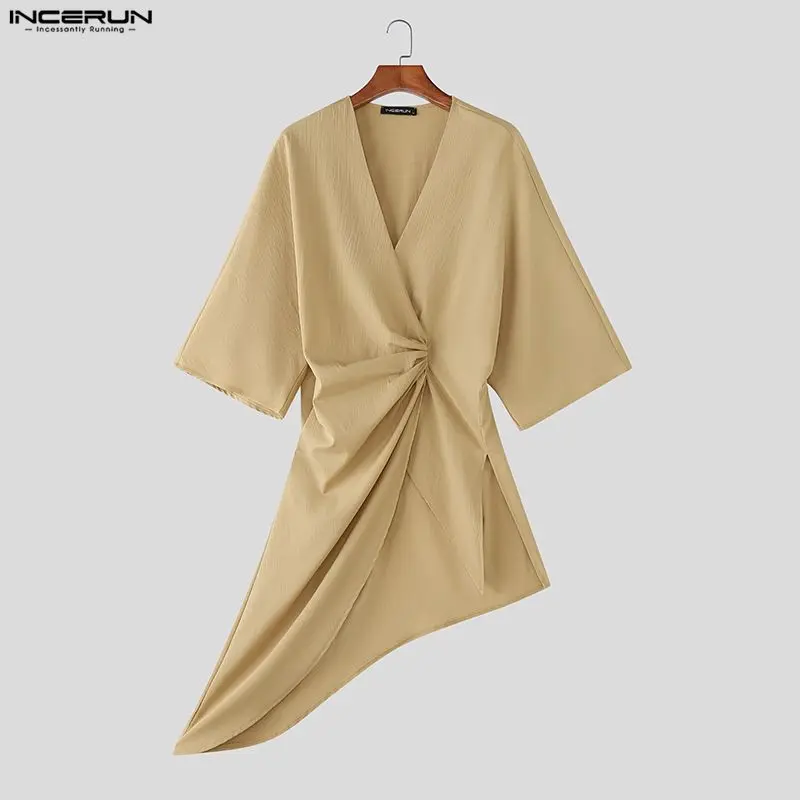 

INCERUN Мужская длинная стильная рубашка, однотонная плиссированная рубашка с v-образным вырезом и рукавами 3/4, мужские рубашки нестандартной формы, уличная одежда, свободная модная повседневная мужская одежда