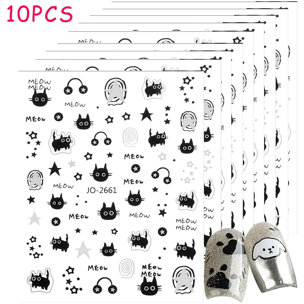 10PCS Y2K Nail Art Stickers Cute Black Cat-themed Nails Sticker DIY Korean Japanese Pentagram Love Heart Design Manicure Decals