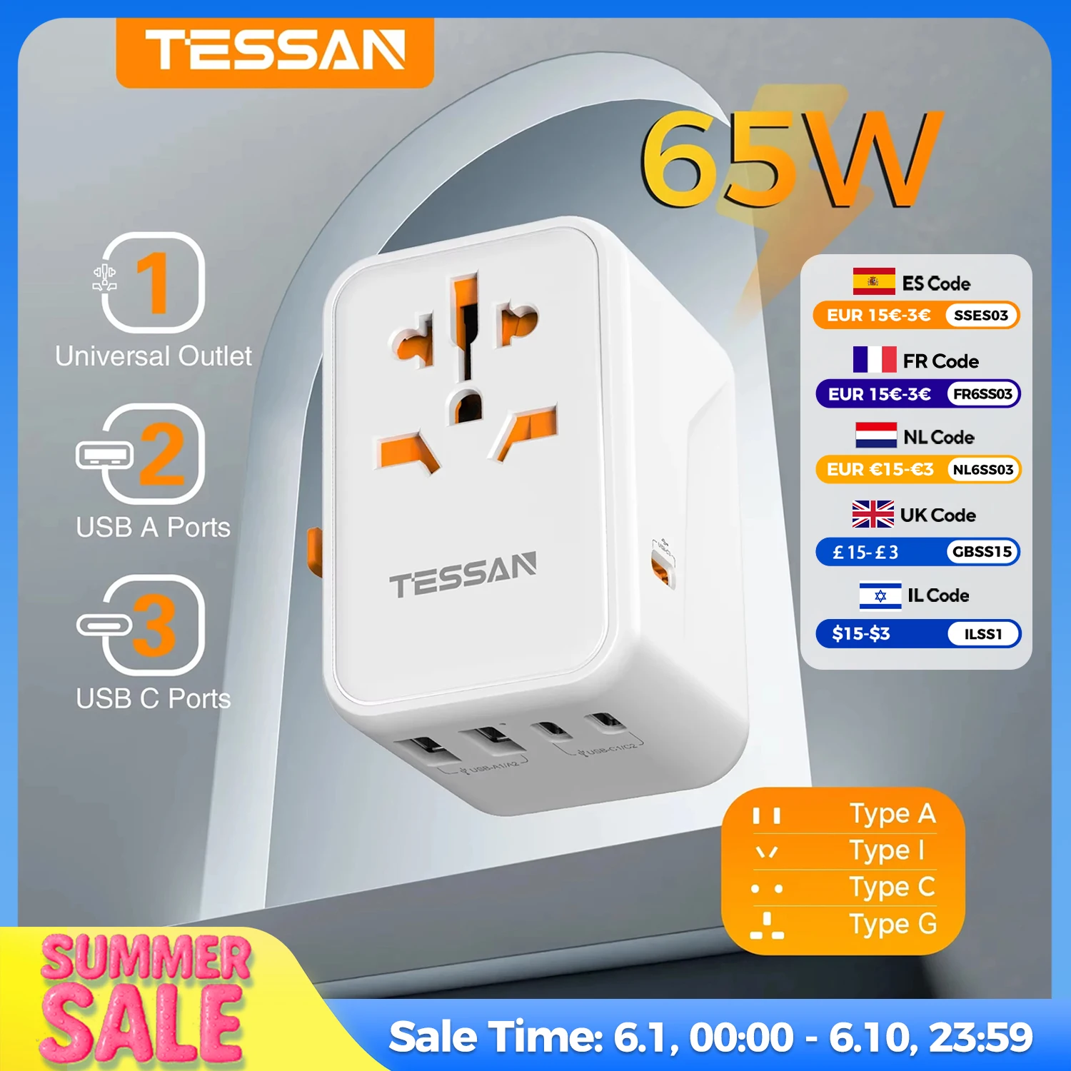 

TESSAN 65W GaN Travel Adapter Universal Socket with 2 USB 3 Type C Fast Charging Internaitonal Power Adapter EU/UK/USA/AUS Plug