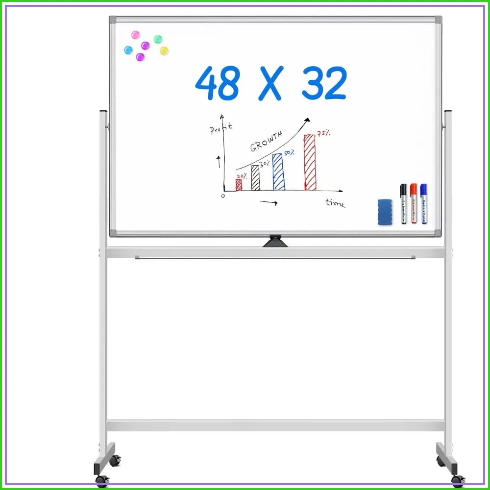 

48x32 Inch Double Sided Magnetic Dry Erase Board on Wheels, Aluminum Frame Mobile Standing Whiteboard for Office Classroom