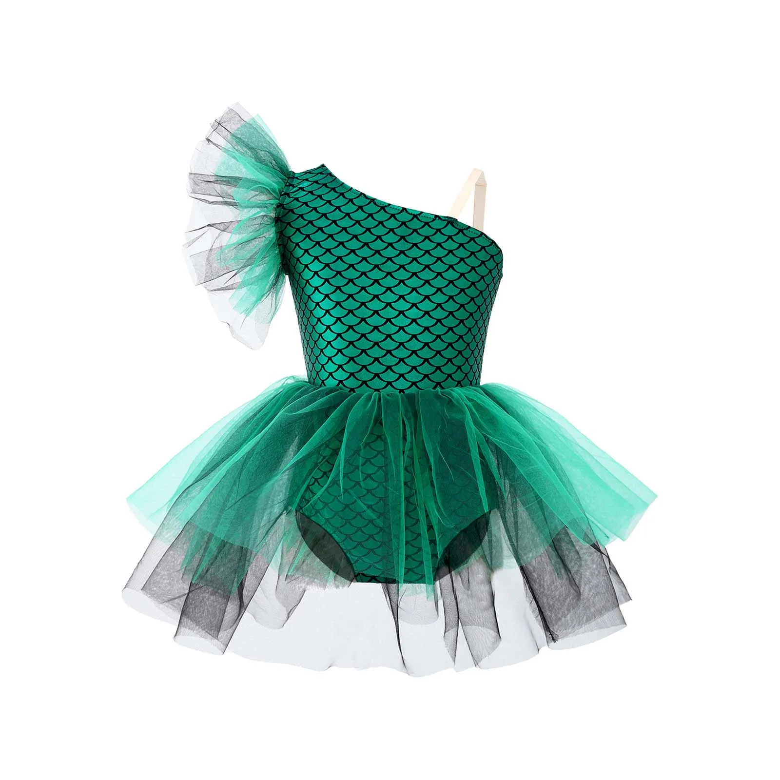 Girls Mermaid Ballet Leotards One Shoulder Fish Scales Tutu Dress Metallic Gymnastic Bodysuit Halloween Mermaid Princess Costume