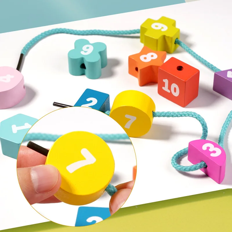 나무 기하학 퍼즐 몬테소리 색상 기하학 인지 매칭 보드 로프 착용 게임 어린이 교육용 장난감