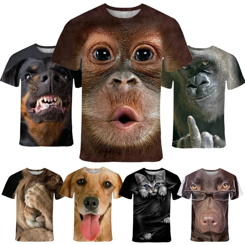 

New Fashion Animal Face 3d Printed T-shirt Men's and Women's Summer Casual Short Sleeve Monkey Dog Cat Lion Animal Print Shirt