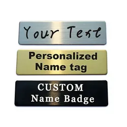 Etiqueta de aço personalizada do metal da placa da identificação do negócio do logotipo do texto emblemas de nome o pino customizável dos broches de 70x20mm gravou seu logotipo