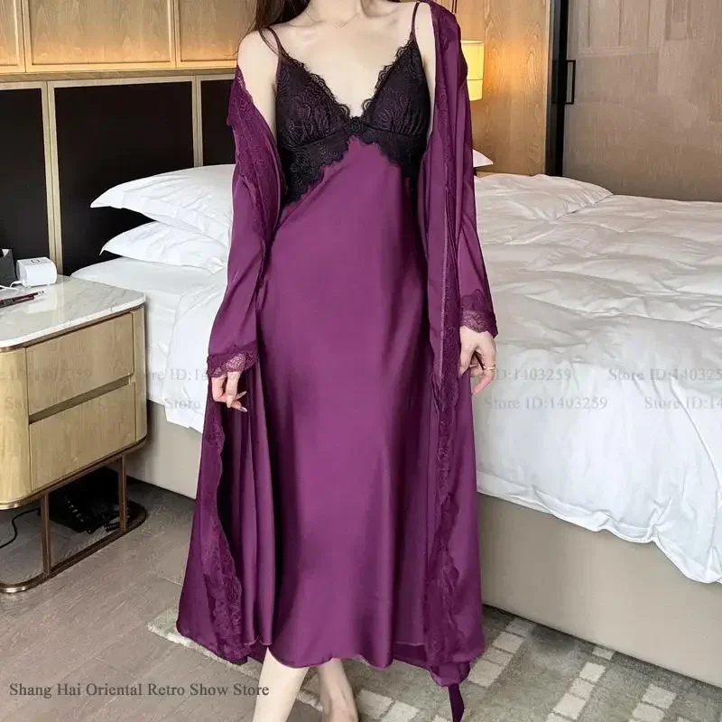 

Silk Satin Long Robe Nightgown Two Piece Set Sexy Lace Nightdress Women Sleepwear Spring Summer Nightwear Loungewear Lingerie