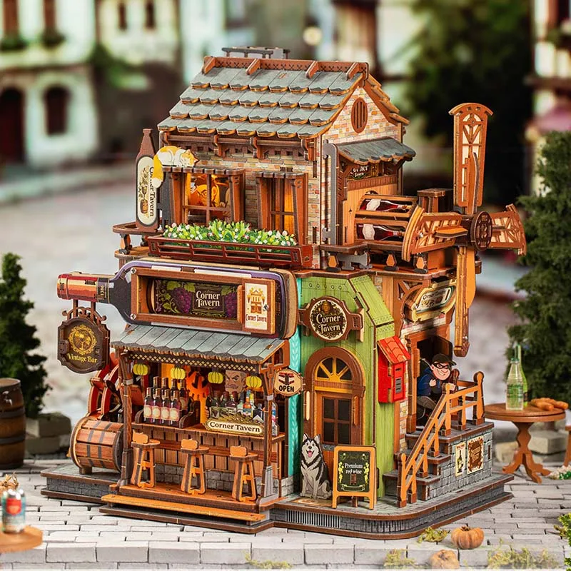 DIY Mini House Corner Tavern JTMX008 Wooden 3D Puzzle Handmade Assembled Model Building Kits Miniature Desktop Decor Adult Gift