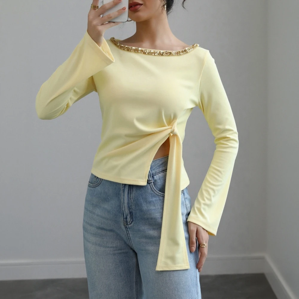 

Женские футболки, осенне-зимние элегантные модные повседневные футболки с длинными рукавами и круглым вырезом на пуговицах 2025 года