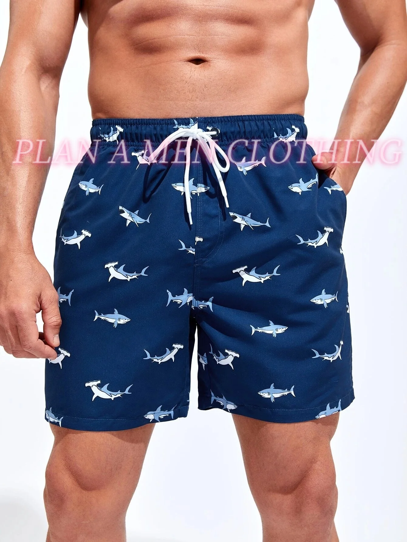 

Summer Vacation Mens Shark Printed Drawstring Beach Shorts Men's Swim Trunks 3D Print Breathable Short Streetwear Polyster