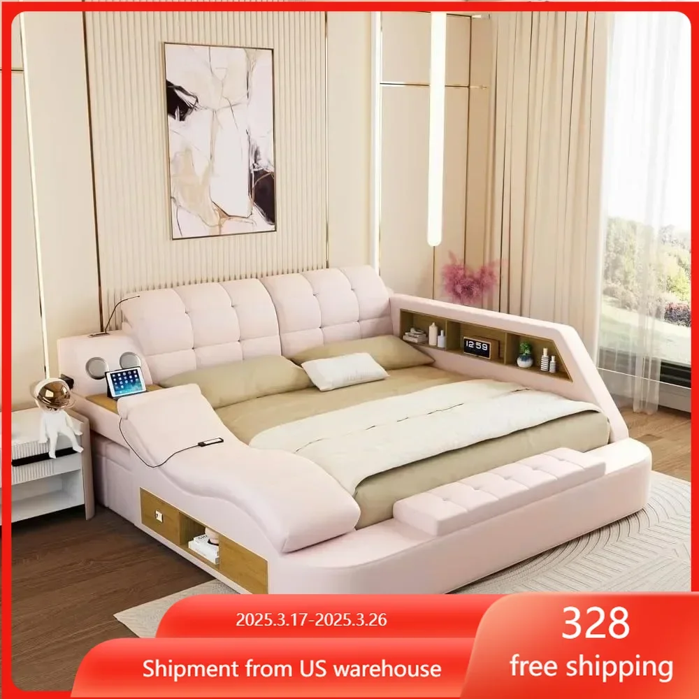 Multifunction Smart Bed Frame,Modern Luxury Bed Frame,Leather Bedroom Bed Furniture with Massage Recliner,Bluetooth Speaker