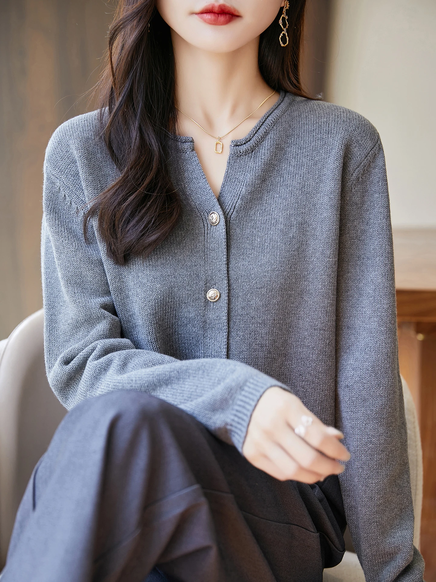 

Miu System вязаный женский открытый кардиган из чистого хлопка Thiened, верхняя одежда с v-образным вырезом Long Sve Commute Sle Loose Fit