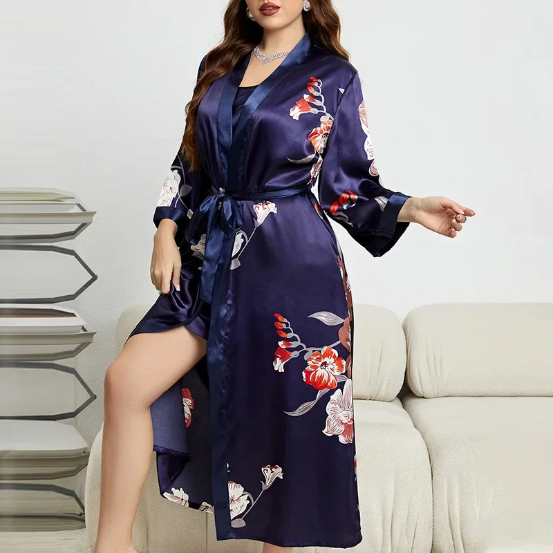 XL-5XL Large Size Bathrobe Gown Suit Summer Women Sleepwear Nighty&robe Set Nightwear Nightgown Satin Home Dress Lounge Wear