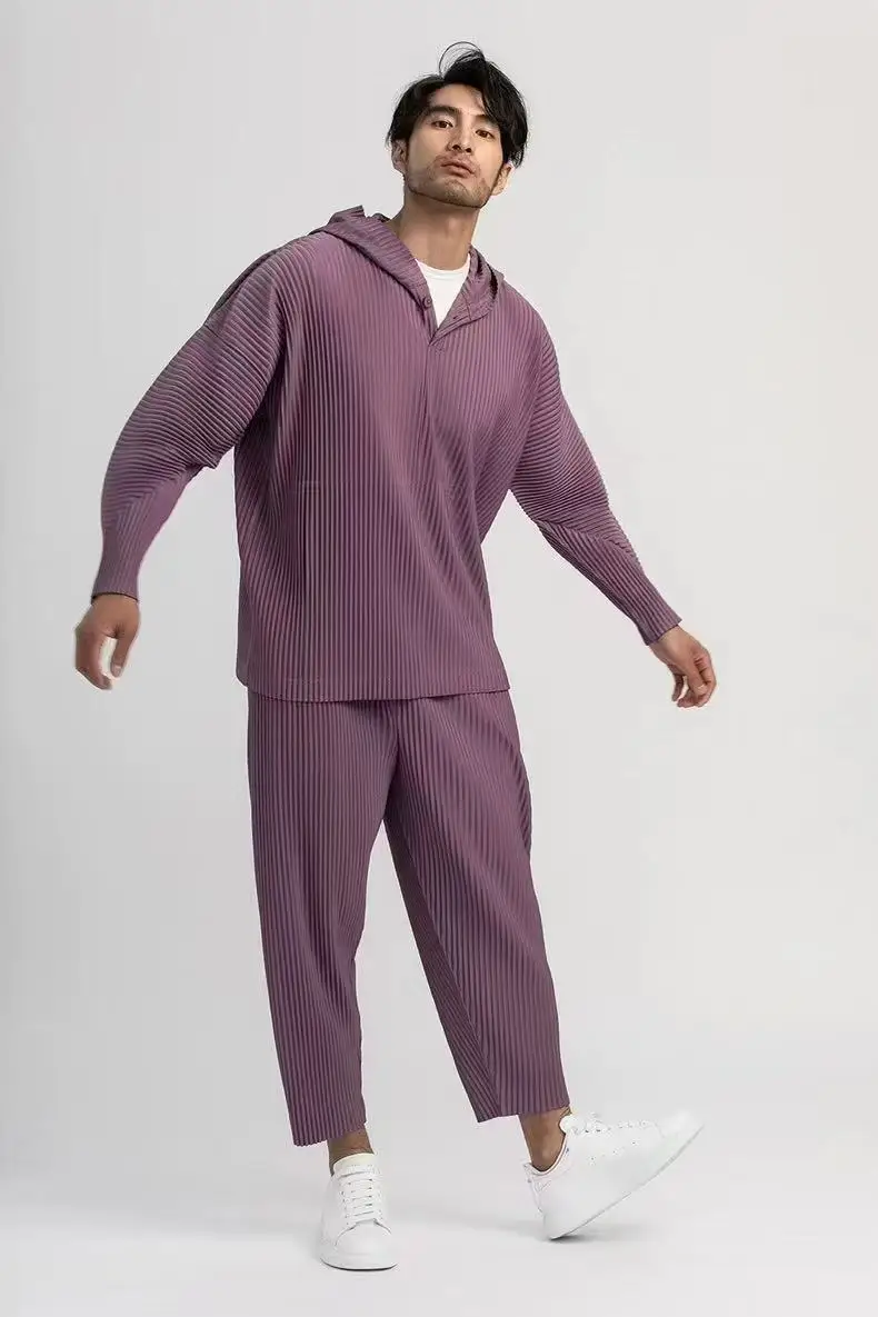 Miyake 2025 Classic New Hooded Sweater Pleated Fashion Loose Casual Pleated Simple Drawstring Pullover Hoodie Pleats Men's