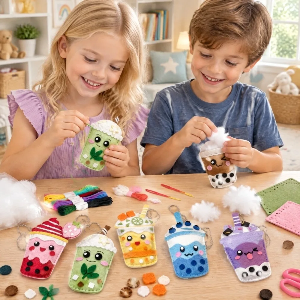 Milk Tea Fabric with Holes DIY Sewing Kit Safety Stitch Beginners Kids Sewing Kit Toy Sewing Ornaments Toy Kids Gifts