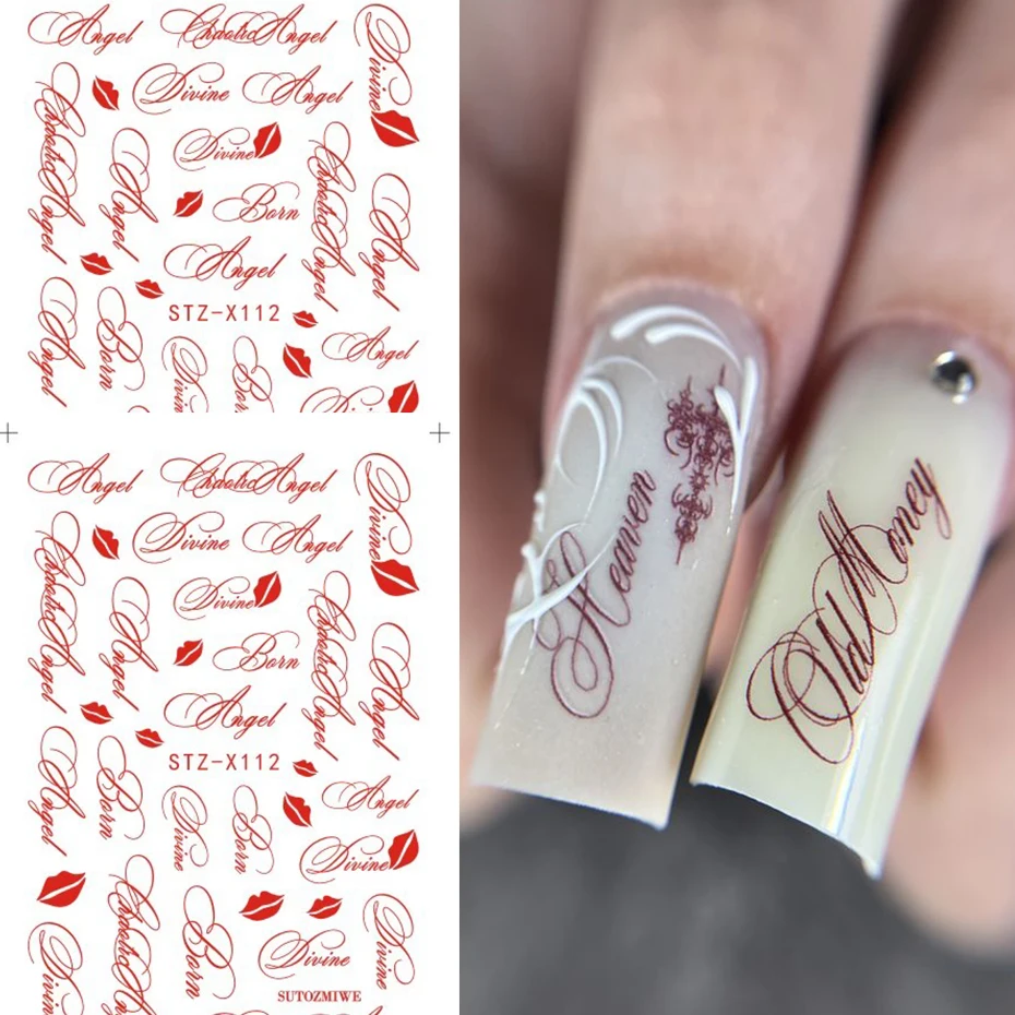 2 Stück rote englische Buchstaben-Nagelaufkleber im Y2K-Stil mit Lippen-Nagelsticker, DIY-Nagelkunst-Dekoration für Frauen – Detail 1