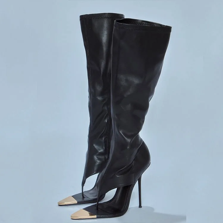 Sexy Open Pointed Golden Clip Toe Hidden Zipper Thin Heels Knee High Boots Black Women Summer Sandals Thong Boots