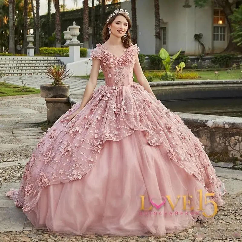 

Customized Pink Quinceanera Dress Ball Gown Florals Flowers Lace Appliques Beads Sweet 16 Dress Vestidos De XV Anos YQD372