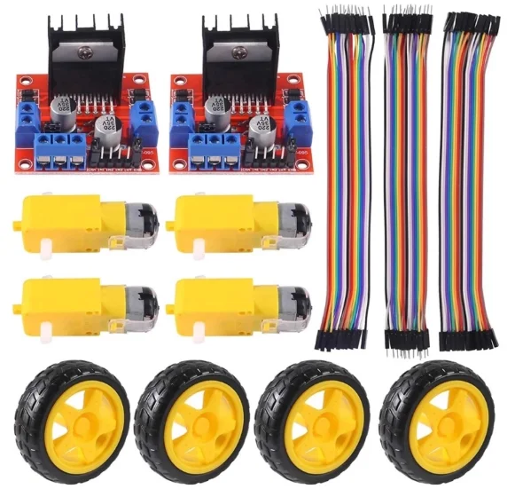 

L298N motor driver controller board + 4 DC TT motors + 4 wheels + 3 types of DuPont wires