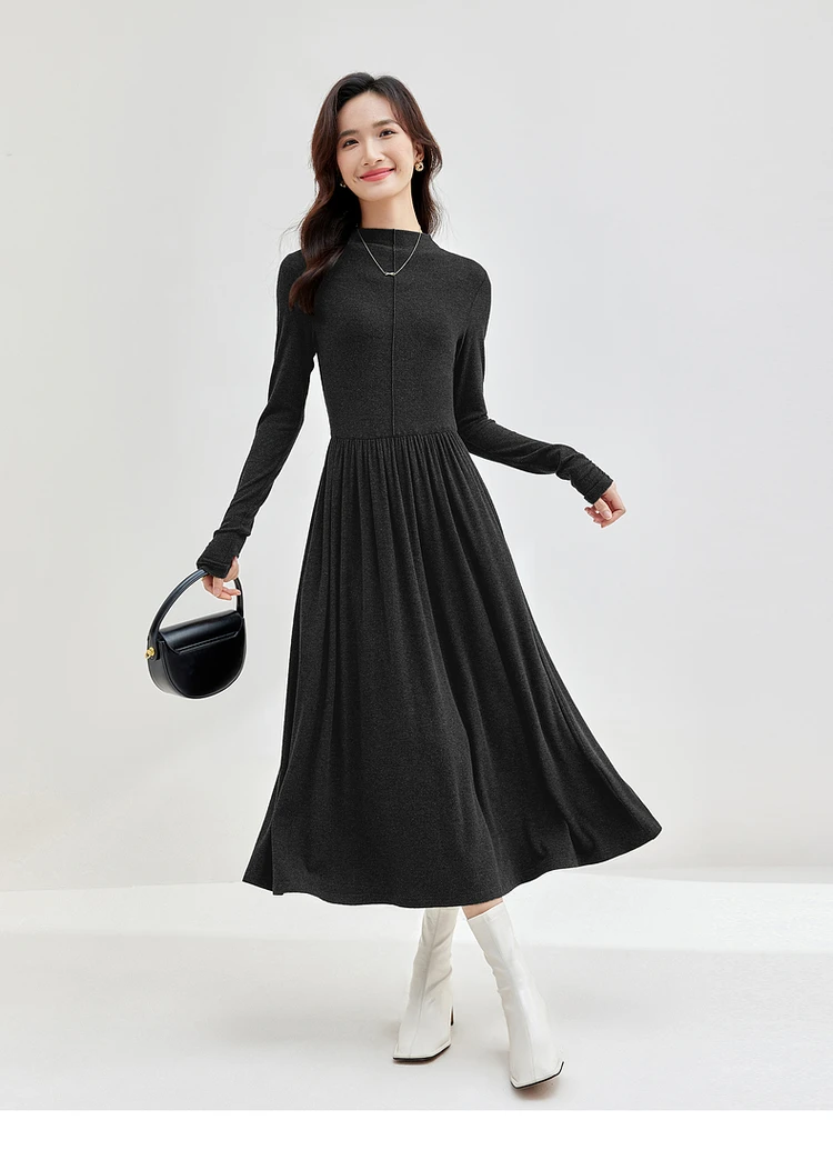 SENTUBILA Knitted Slim Womens Dresses 2024 Winter Black Half High Neck Shirring Sleeve A-line Elegant Midi Dress 144L58348