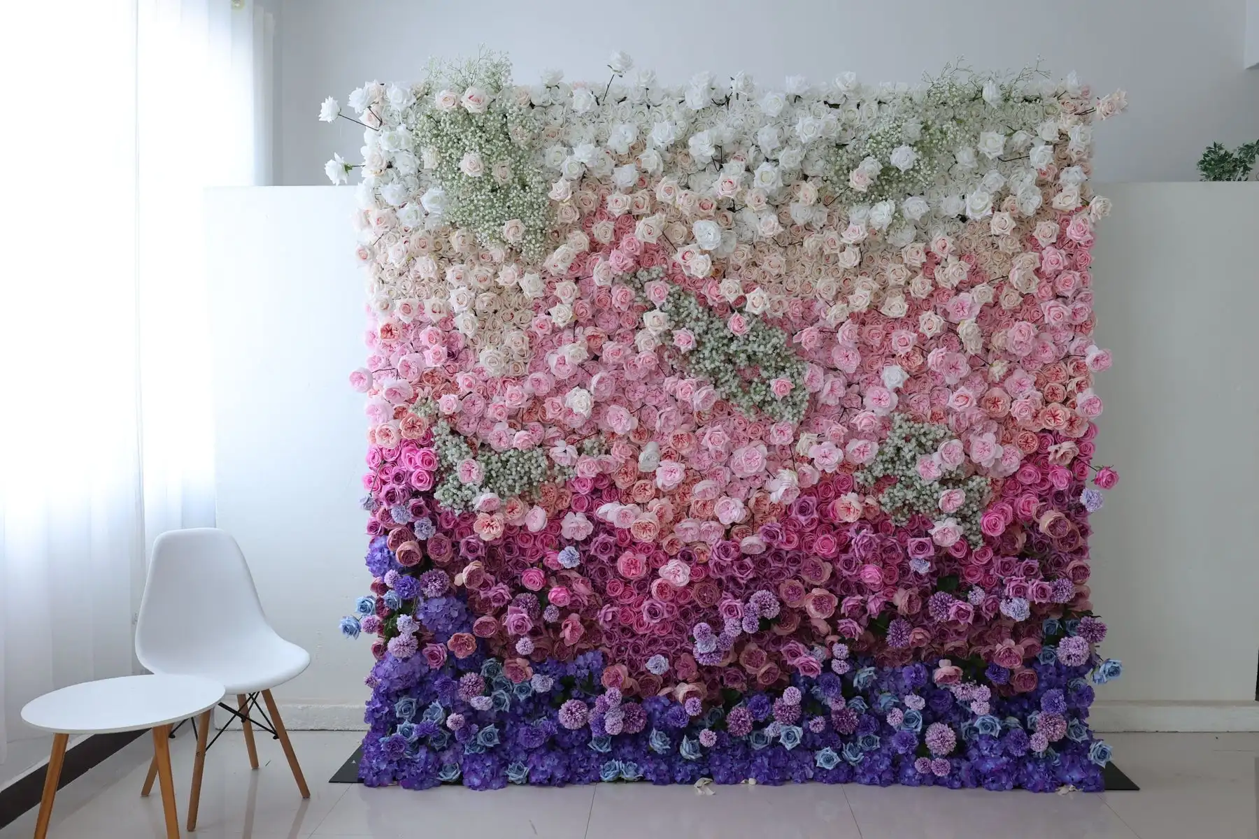 

3D Pink purple gradient white rose Hydrangea Babysbreath Cloth Flower Wall Wedding Event Backdrop Fabric Floral Wall Arrangement