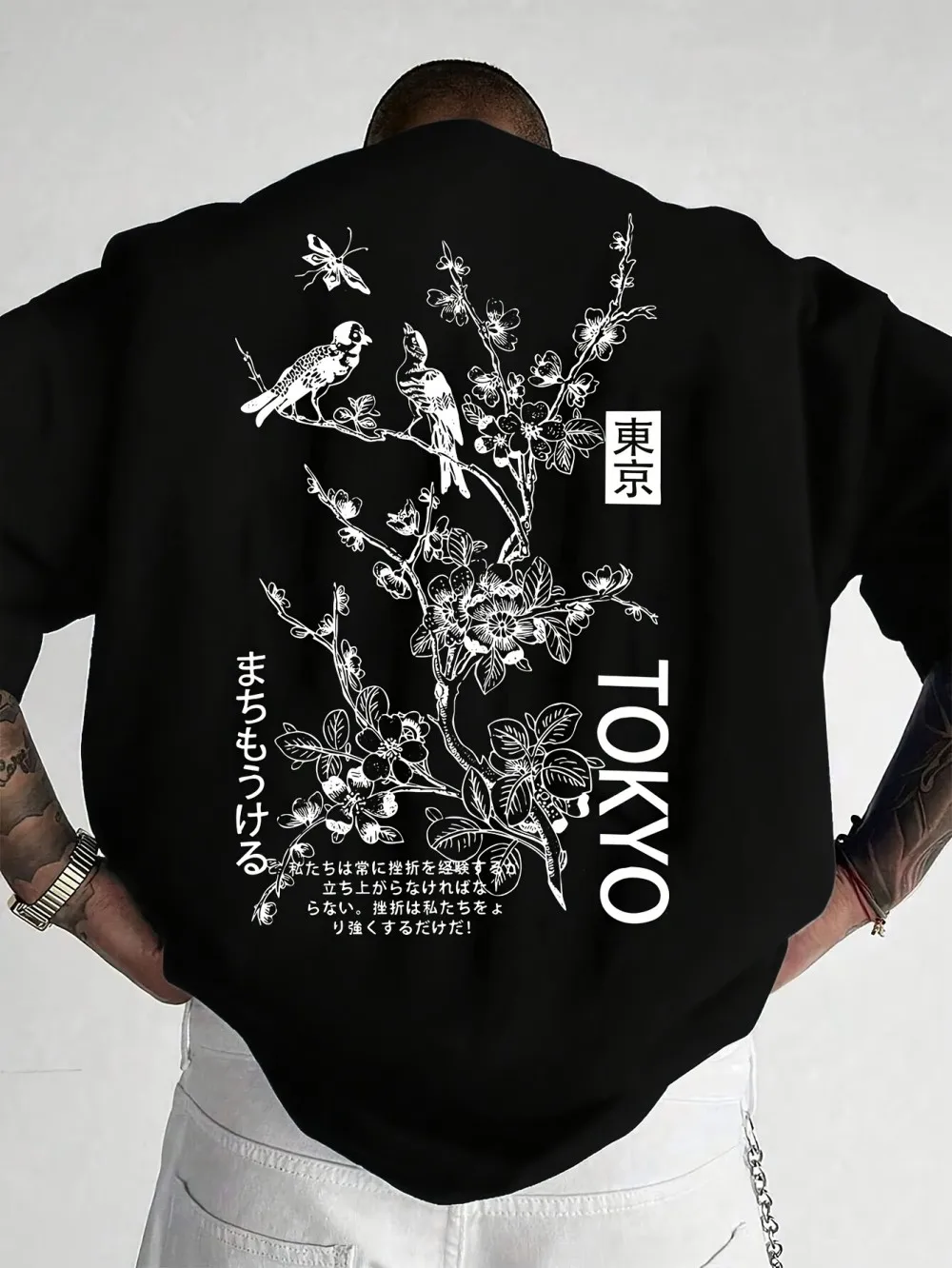American style new men's summer cherry blossom branch bird letter print soft and breathable round neck Tshrit outdoor street top