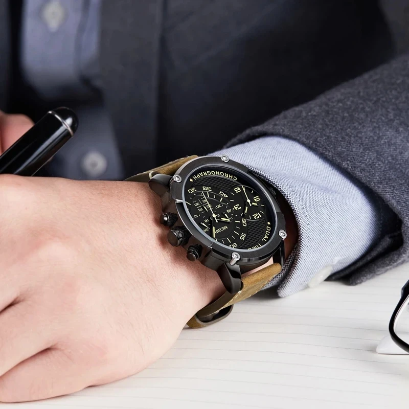 MEGIR-relógios masculinos de negócios com duplo fuso horário, pulseira de couro genuíno, cronógrafo impermeável, relógio de pulso casual masculino, 2093