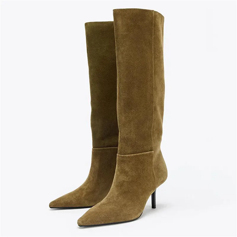 

Women Knee High Boots for Woman's Pointed Toe Slip-On Low Heeled Shoes Sexy Ladies Autumn And Winter Suede Long Botas Mujer