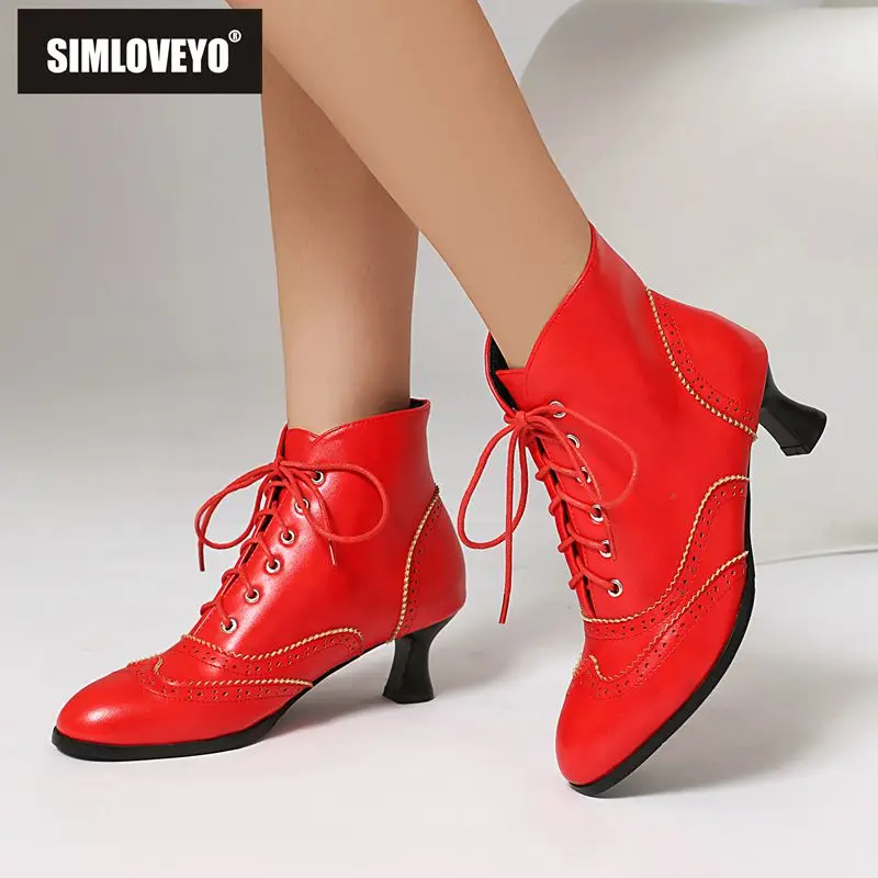 

SIMLOVEYO 2025 Винтажная женская обувь с круглым носком, необычные каблуки, 5 см, на шнуровке, большой размер 41 42 43, повседневные повседневные женские ботильоны