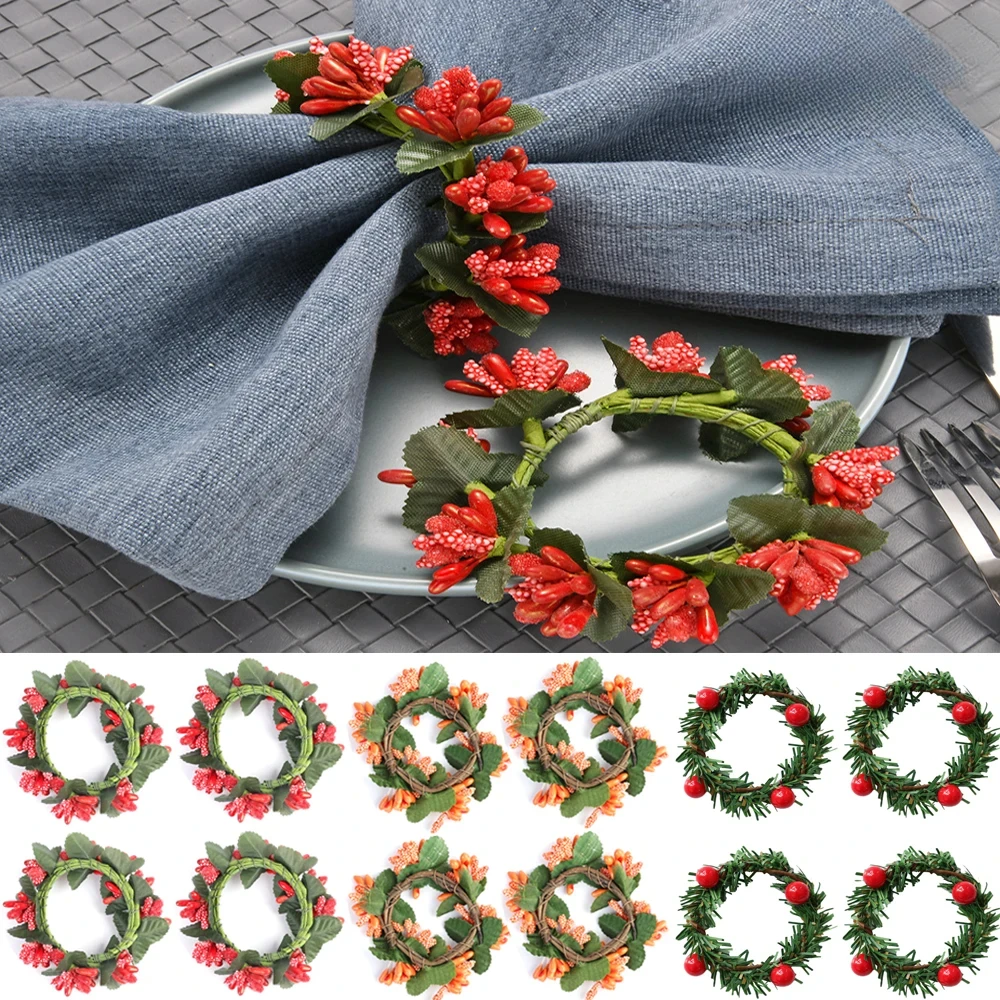 2pcs Christmas Napkin Rings Plastic Napkin Buckles Faux Berries Wreath Paper Towel Holder Wedding Xmas Party Dinnig Table Decor