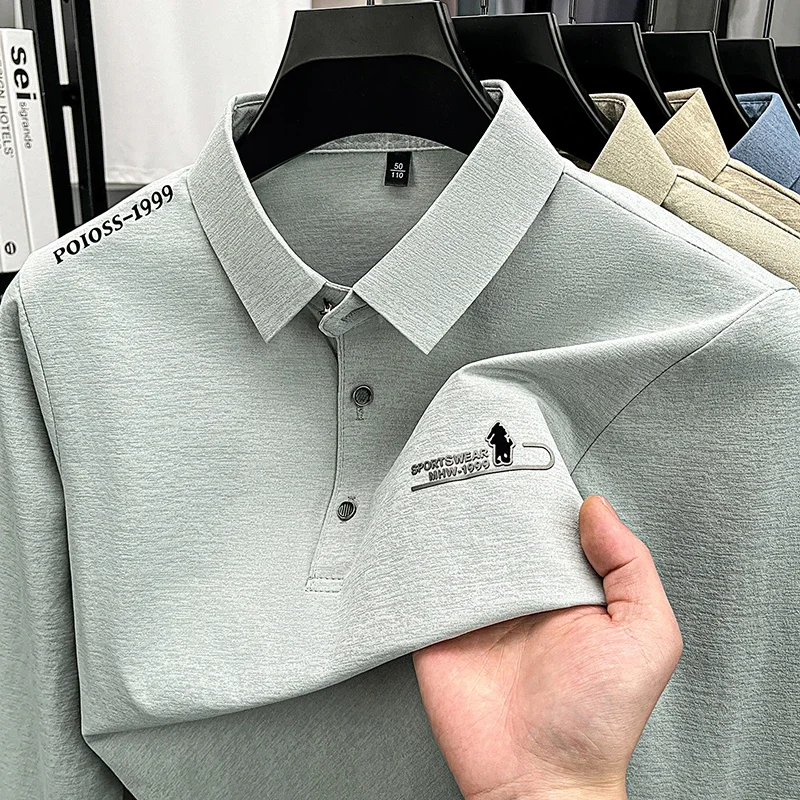 Mens Long Sleeve Polo Shirt Casual Business Tops Embroidery Turndown Collar Tee Comfortable Breathable Daily Wear for Men