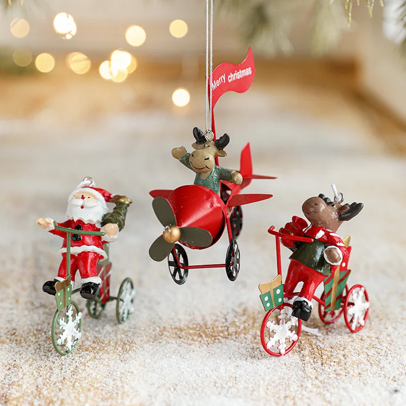 Resin Christmas wrought iron creative pendant painted Santa Elk tricycle plane Christmas tree pendant decoration