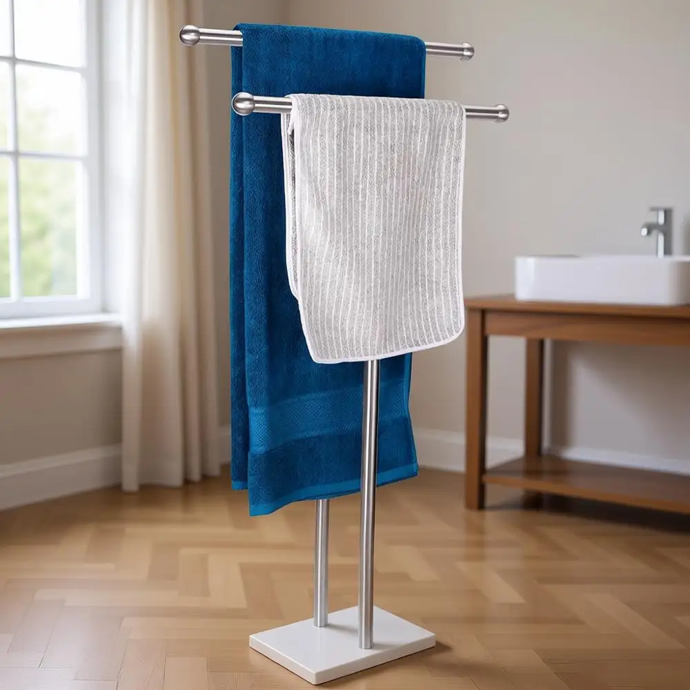 

Double-T Shape Tall Stainless Steel 2 Tier Towel Rack with Marble Base for Bathroom