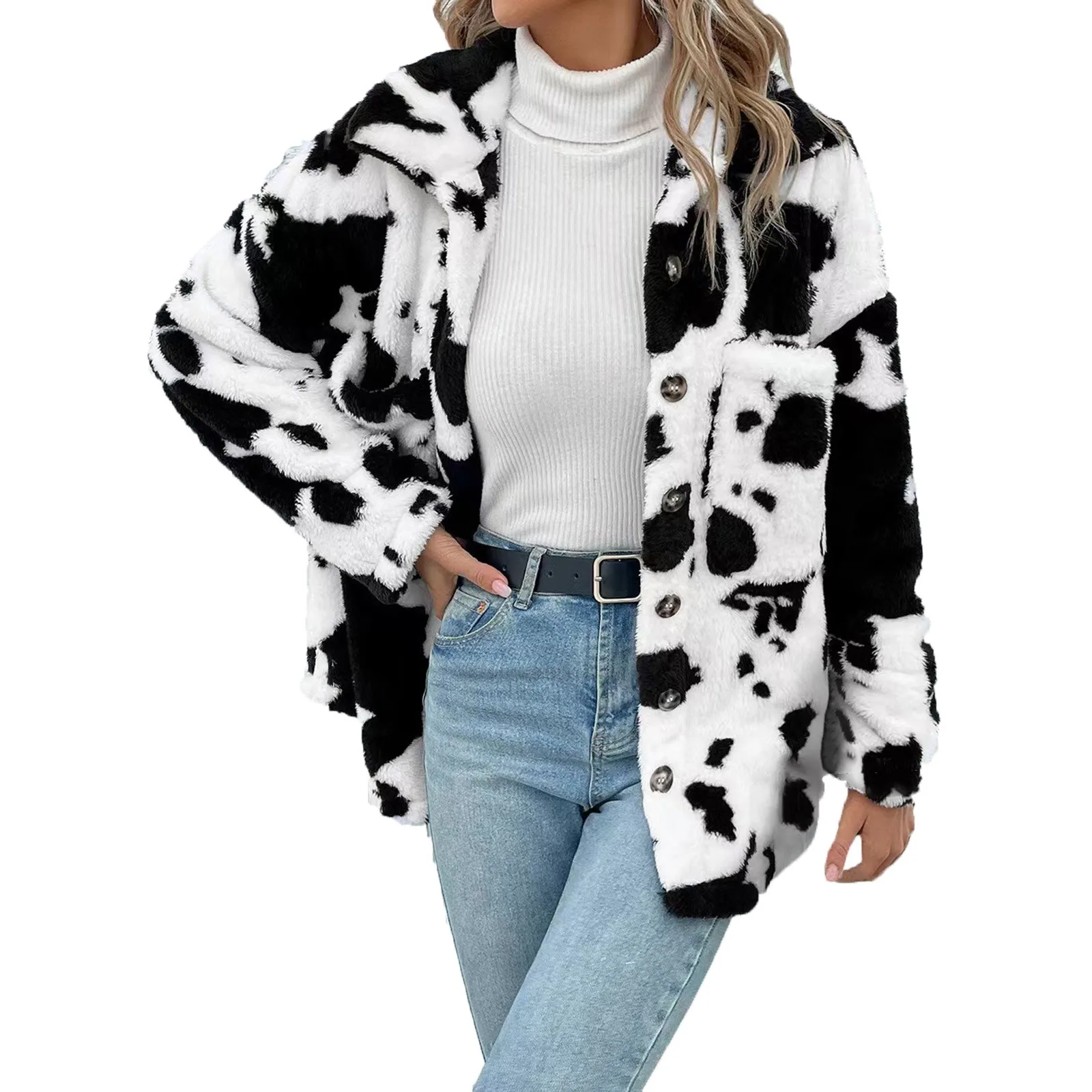 Ladies Casual Faux Fur Jacket Fashion Long Sleeve Buckle Autumn and Winter Loose Sherpa Fur Coat Pockets пальто женское 2024