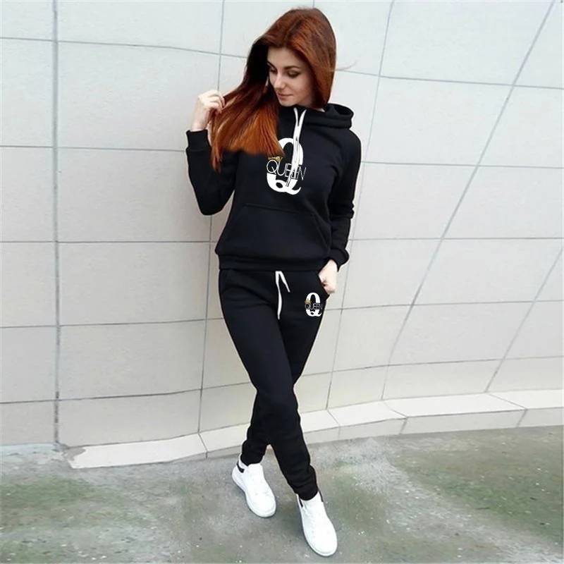 Women\'s New Queen Printed Sweatshirt Hoodie Sweatshirt and Sweatpants Casual Sports Two Piece Sportswear