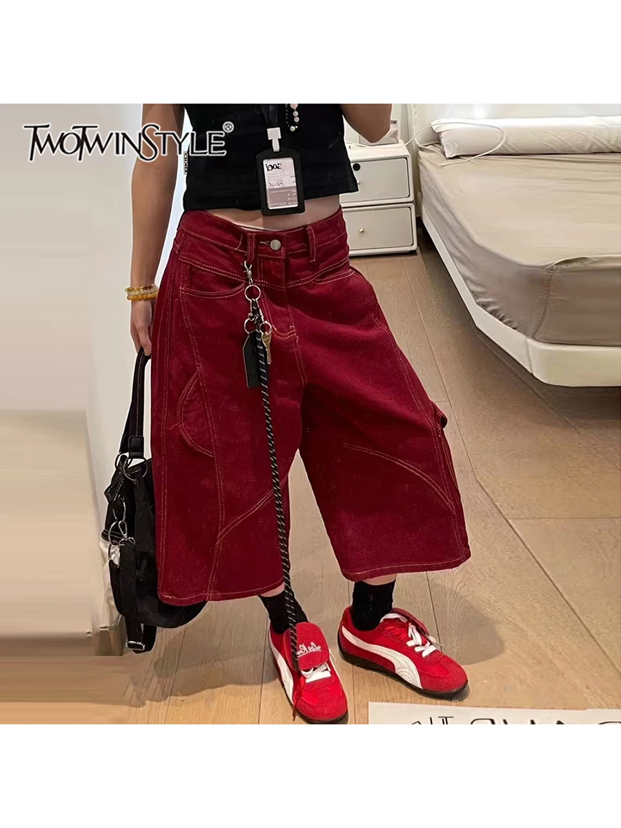 

TWOTWINSTYLE Solid Loose Spliced Pocket Fashion Pants For Women High Waist Patchwork Button Temperament Pants Female Fashion New