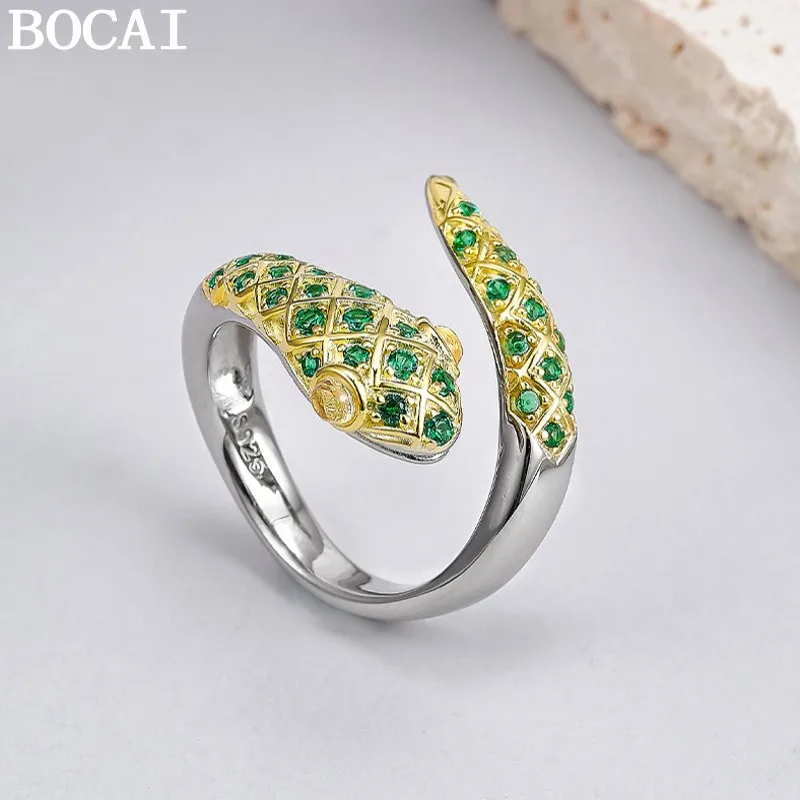 BOCAI S925 Sterling Silver Charm Ring for Women Men Classic Spirit Snake Inlaid Moonstone Zircon Fashion Trendy Jewelry Wholesal