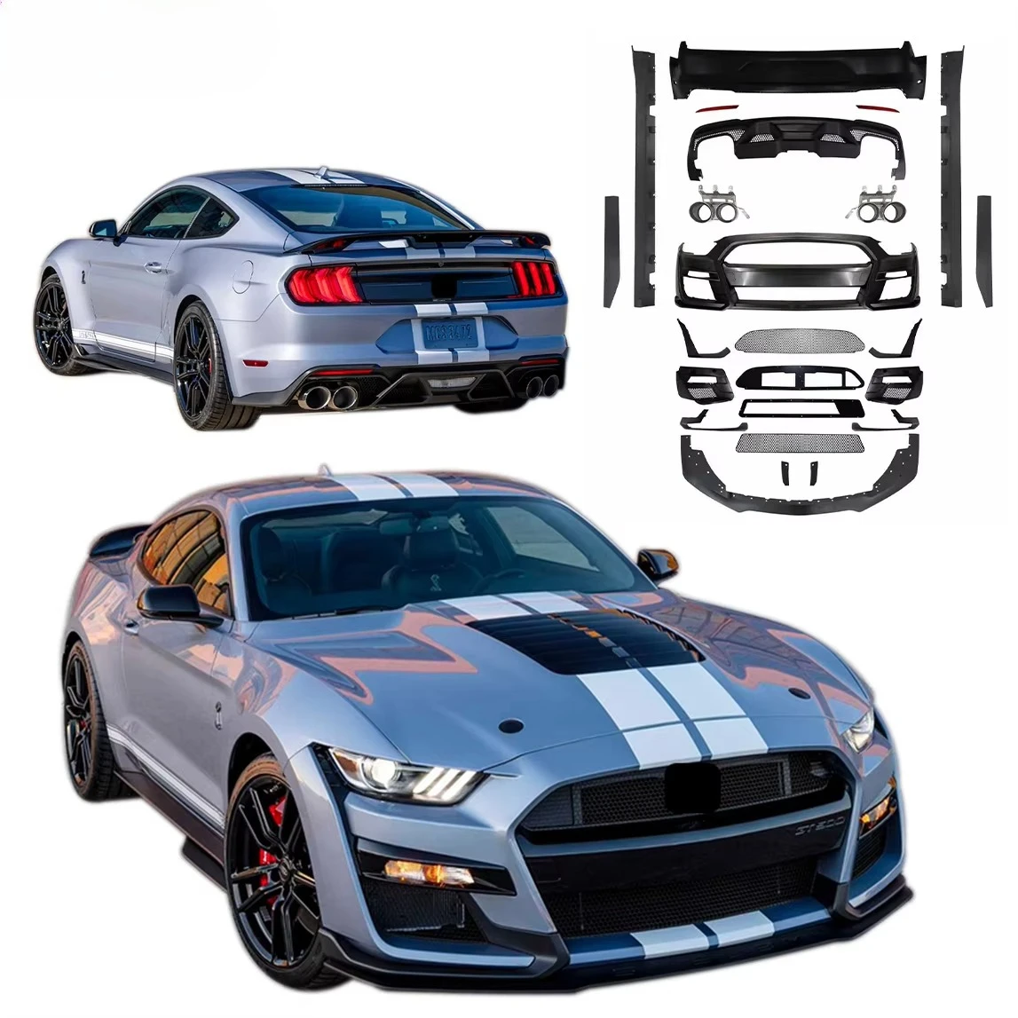 أحدث تصميم جديد BodyKit لسيارة Ford Mustang 15-17 تحديث إلى شبكة المصد الأمامي والخلفي للسباق Shelby GT500 Style PP + ABS